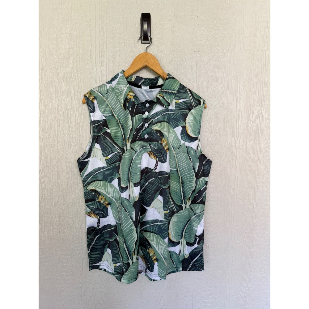 Tropical Banana Leaf Print Sleeveless Polo Shirt Green White Floral XL